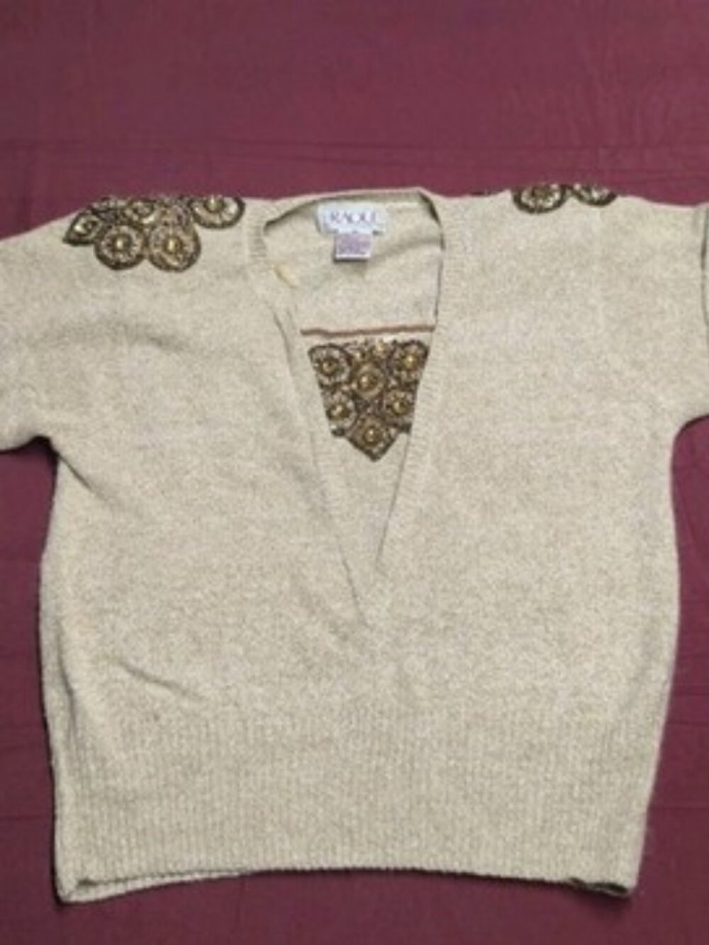 Vintage Raoul Silk/Acrylic/Nylon Beige Embroidered Sweater‎ Womens Size Med